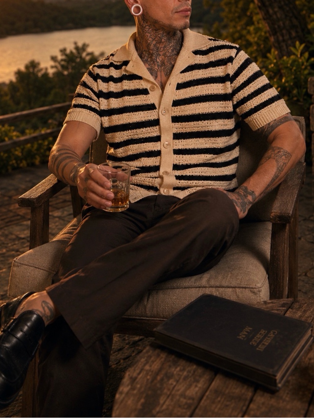 Goodfellow & Co Cream and Black Striped Knit Polo Cardigan